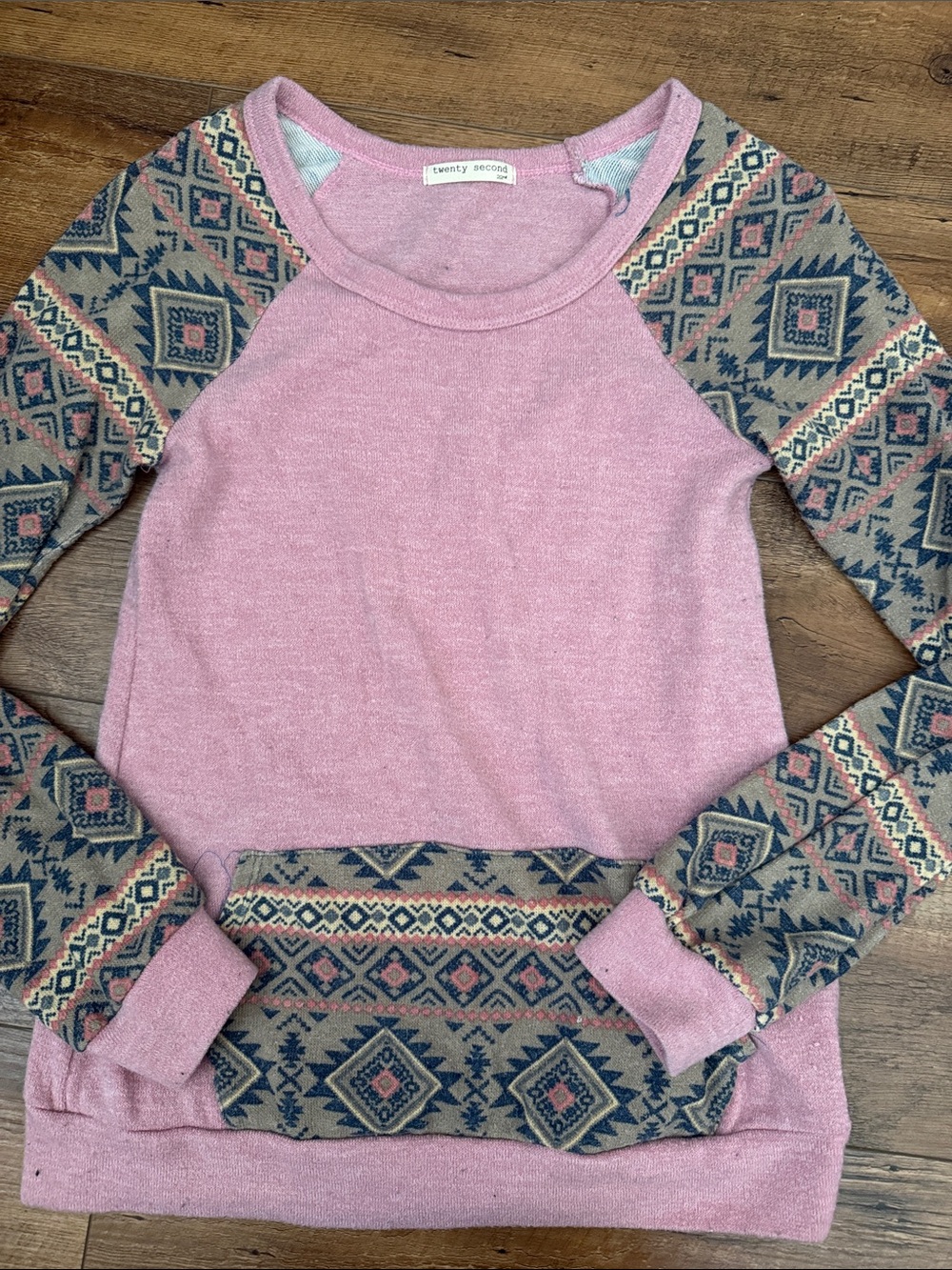 twenty second Pink Raglan Pullover with Patterned Sleeves